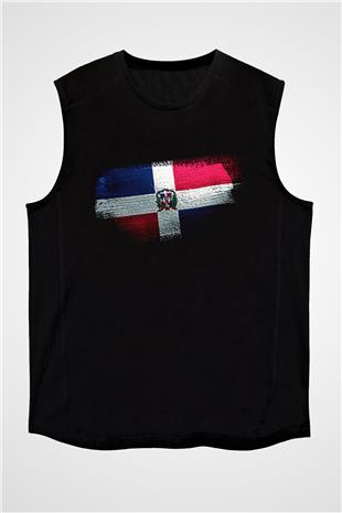 Dominik Cumhuriyeti - Dominican Republic Bayrağı Baskılı Unisex Siyah Kolsuz Tişört