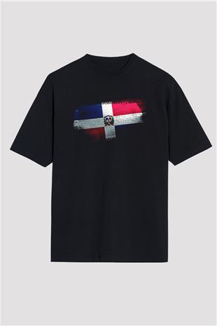 Dominik Cumhuriyeti - Dominican Republic Bayrağı Baskılı Unisex Siyah Oversize Tişört