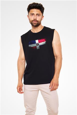 Dominik Cumhuriyeti - Dominican Republic Bayrağı Baskılı Unisex Siyah Kolsuz Tişört