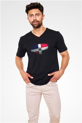 Dominik Cumhuriyeti - Dominican Republic Bayrağı Baskılı Unisex Siyah V Yaka Tişört