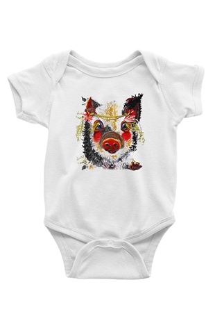 Domuz Baskılı Beyaz Unisex Bebek Body - Zıbın