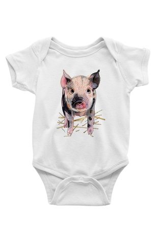 Domuz Baskılı Beyaz Unisex Bebek Body - Zıbın