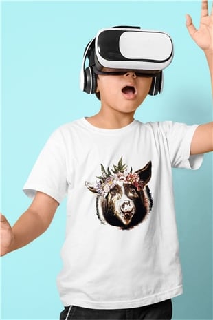 Domuz Baskılı Beyaz Unisex Çocuk Tişört