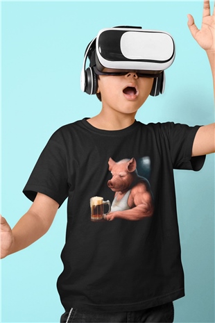 Domuz Baskılı Siyah Unisex Çocuk Tişört