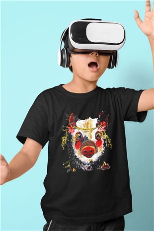 Domuz Baskılı Siyah Unisex Çocuk Tişört