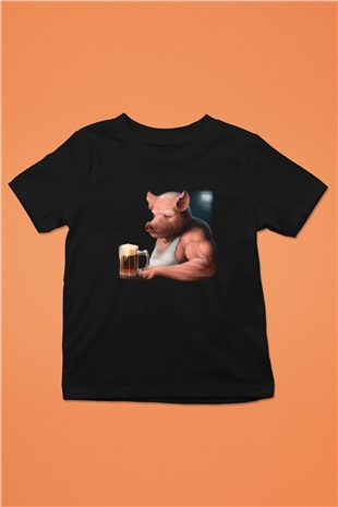 Domuz Baskılı Siyah Unisex Çocuk Tişört