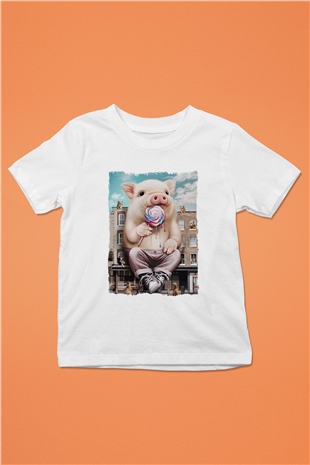 Domuz Beyaz Unisex Çocuk Tişört