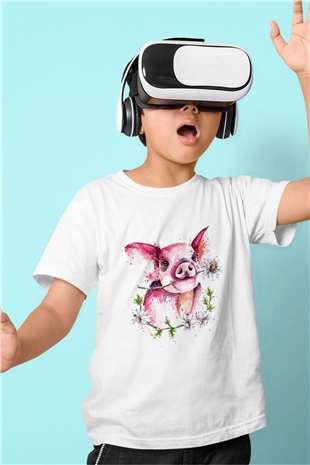 Domuz Beyaz Unisex Çocuk Tişört
