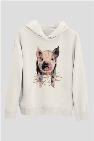 Domuz Beyaz Unisex Kapşonlu Sweatshirt