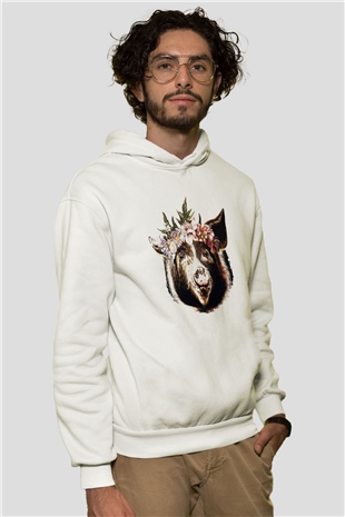 Domuz Beyaz Unisex Kapşonlu Sweatshirt