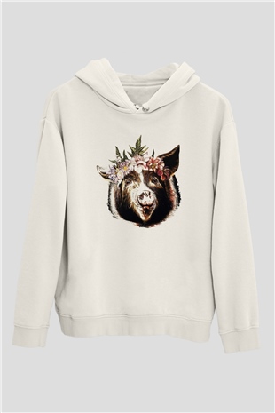 Domuz Beyaz Unisex Kapşonlu Sweatshirt