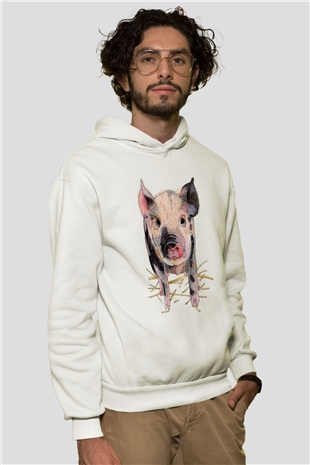 Domuz Beyaz Unisex Kapşonlu Sweatshirt
