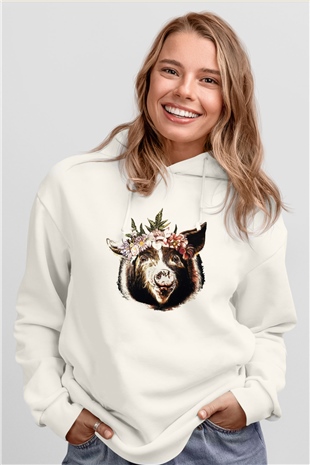 Domuz Beyaz Unisex Kapşonlu Sweatshirt