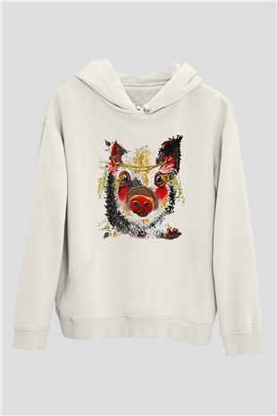 Domuz Beyaz Unisex Kapşonlu Sweatshirt