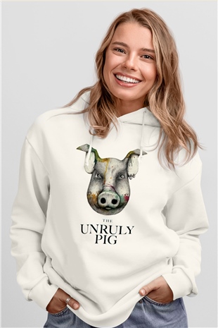 Domuz Beyaz Unisex Kapşonlu Sweatshirt