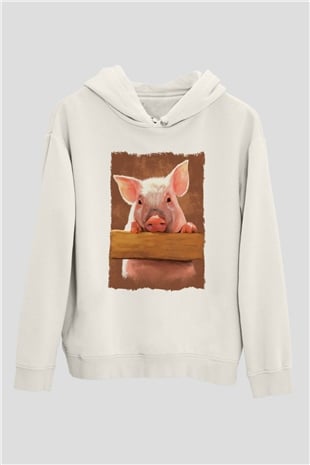 Domuz Beyaz Unisex Kapüşonlu Sweatshirt