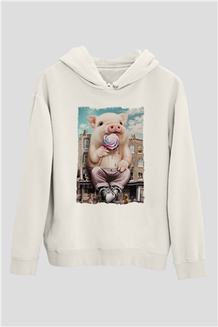 Domuz Beyaz Unisex Kapüşonlu Sweatshirt