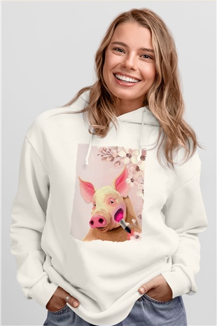 Domuz Beyaz Unisex Kapüşonlu Sweatshirt