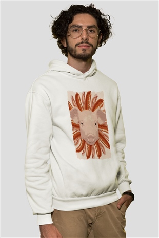 Domuz Beyaz Unisex Kapüşonlu Sweatshirt