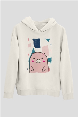 Domuz Beyaz Unisex Kapüşonlu Sweatshirt