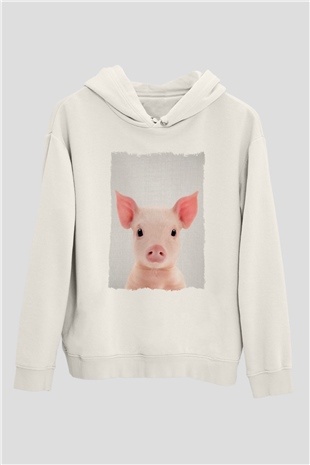 Domuz Beyaz Unisex Kapüşonlu Sweatshirt