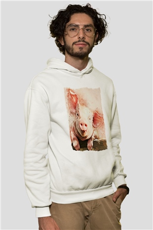 Domuz Beyaz Unisex Kapüşonlu Sweatshirt
