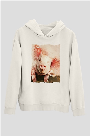 Domuz Beyaz Unisex Kapüşonlu Sweatshirt