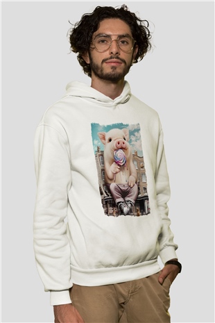 Domuz Beyaz Unisex Kapüşonlu Sweatshirt