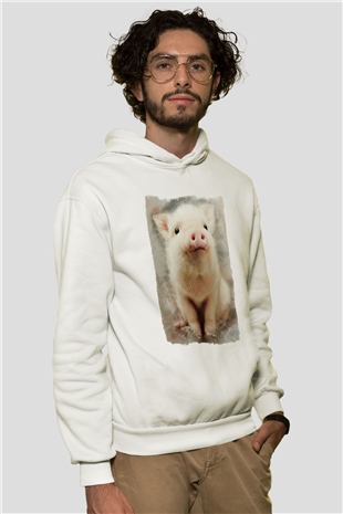Domuz Beyaz Unisex Kapüşonlu Sweatshirt
