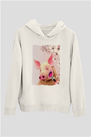 Domuz Beyaz Unisex Kapüşonlu Sweatshirt