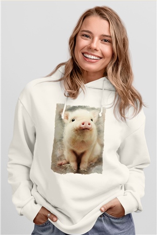 Domuz Beyaz Unisex Kapüşonlu Sweatshirt
