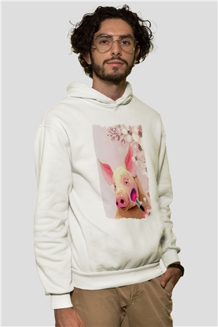Domuz Beyaz Unisex Kapüşonlu Sweatshirt