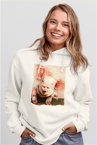Domuz Beyaz Unisex Kapüşonlu Sweatshirt