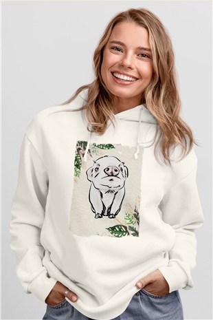 Domuz Beyaz Unisex Kapüşonlu Sweatshirt