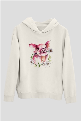 Domuz Beyaz Unisex Kapüşonlu Sweatshirt