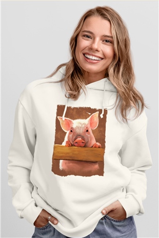 Domuz Beyaz Unisex Kapüşonlu Sweatshirt
