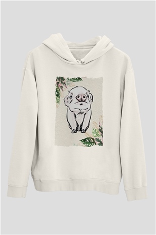 Domuz Beyaz Unisex Kapüşonlu Sweatshirt