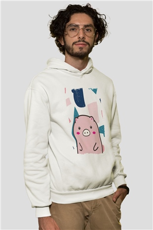 Domuz Beyaz Unisex Kapüşonlu Sweatshirt