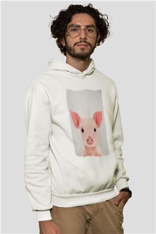 Domuz Beyaz Unisex Kapüşonlu Sweatshirt
