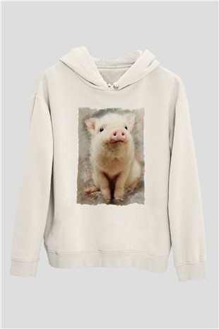 Domuz Beyaz Unisex Kapüşonlu Sweatshirt