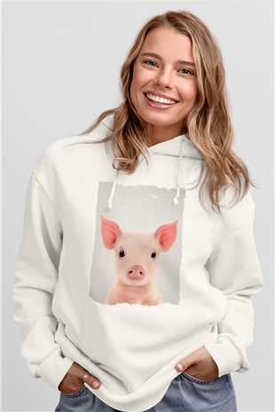 Domuz Beyaz Unisex Kapüşonlu Sweatshirt