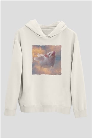 Domuz Beyaz Unisex Kapüşonlu Sweatshirt