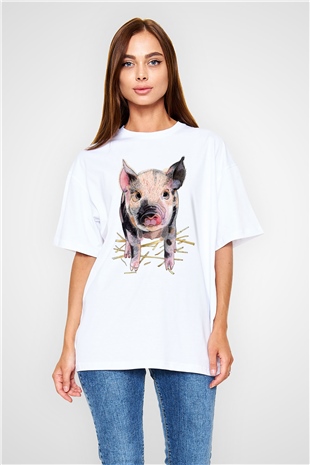 Domuz Beyaz Unisex Oversize Tişört T-Shirt