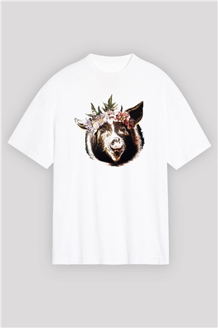 Domuz Beyaz Unisex Oversize Tişört T-Shirt