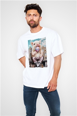 Domuz Beyaz Oversize Tişört Oversize T-shirt - TişörtFabrikası