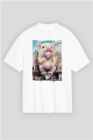 Domuz Beyaz Oversize Tişört Oversize T-shirt - TişörtFabrikası