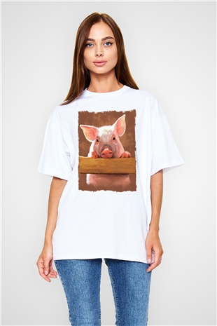 Domuz Beyaz Oversize Tişört Oversize T-shirt - TişörtFabrikası