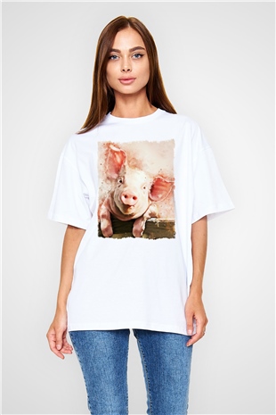 Domuz Beyaz Oversize Tişört Oversize T-shirt - TişörtFabrikası