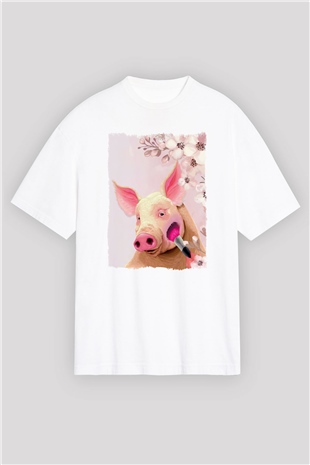 Domuz Beyaz Oversize Tişört Oversize T-shirt - TişörtFabrikası