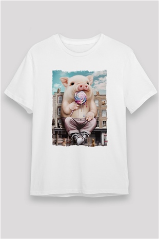 Domuz Beyaz Unisex Tişört T-Shirt - TişörtFabrikası